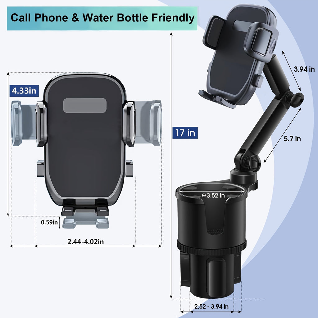 Cup Holder Phone Mount, 2-In-1 Cup Holder Expander for Car Long Arm with 360° Rotation Cup Holder Cell Phone Holder for Car Compatible with All Smartphones
