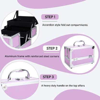 Aluminum Makeup Train Case with Wheels Large Capacity Lockable Cosmetic Trolley Organizer Adjustable Dividers Retractable Handle for Makeup Artists Salon Travel Black Silver Pink Beauty Gift