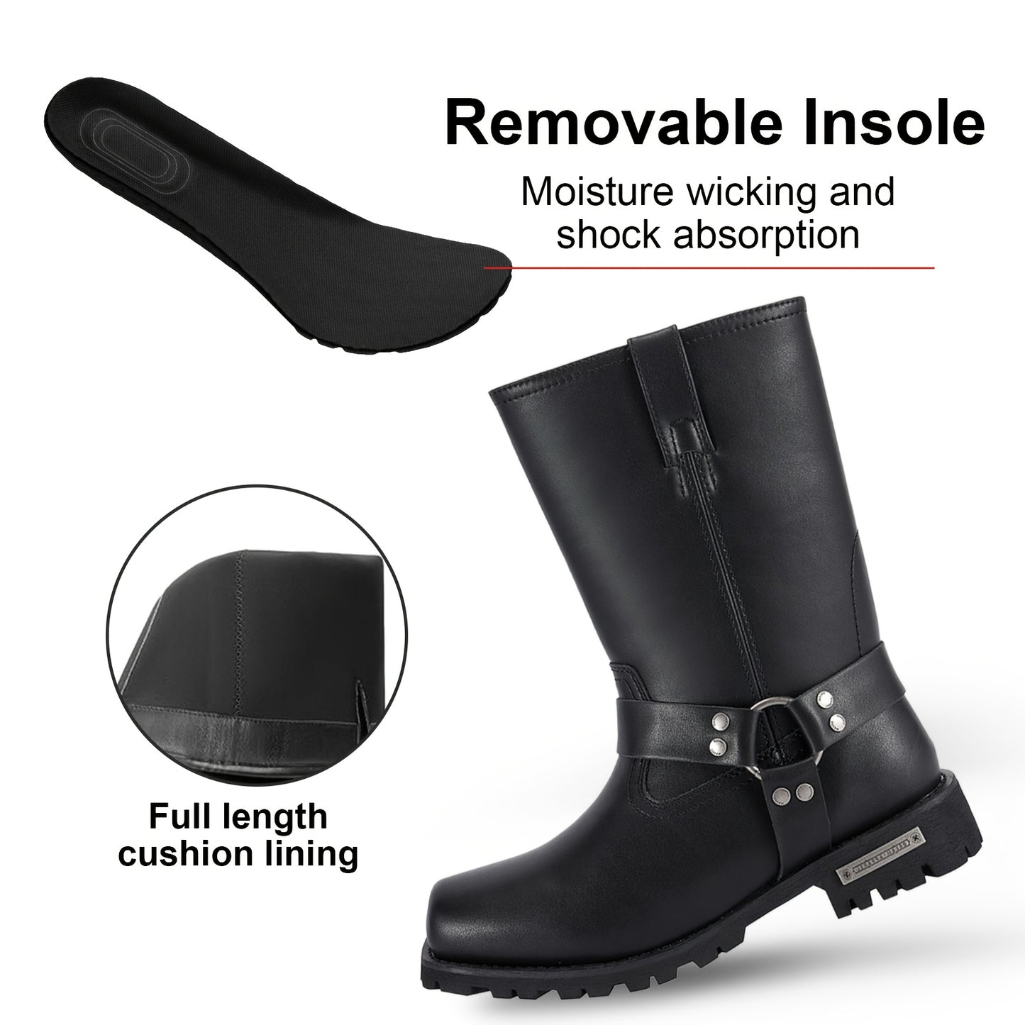[Men'S Motorcycle Boots] Men's 11in Harness Motorcycle Boots, DREAM APPAREL, PU Leather, Non-Slip, Square Toe, Abrasion Resistant, Mid-Calf Biker Boots For All-Season Riding Shoes