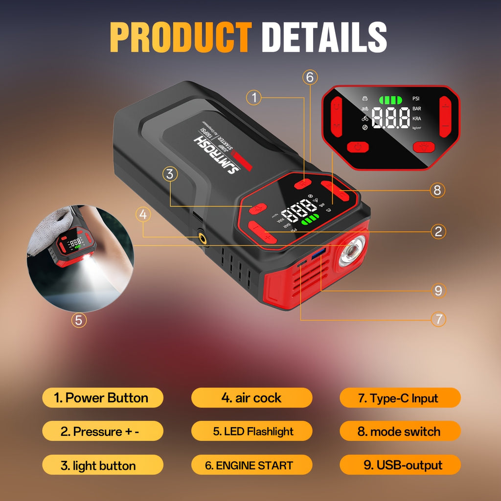 Kickstart Your Vehicle Using an Air Compressor with a Maximum Pressure of 150 PSI And a 12V Power Supply, Ideal for 8.5 Liters of Gasoline Or 1.72 Gallons of Diesel. It Features USB Input/Output And an LED Emergency Light
