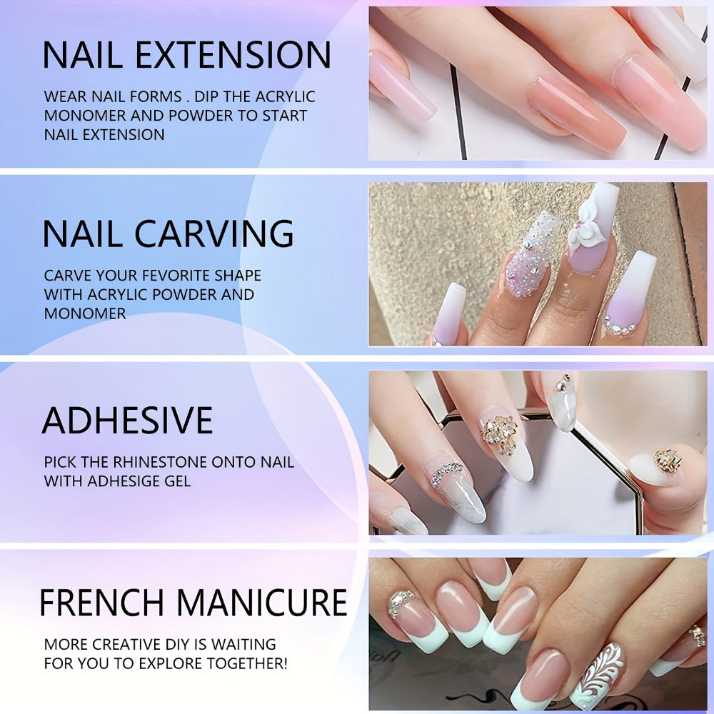 Odorless Acrylic Nail Powder Kit 3 Crystal Colors 10g with Monomer Liquid Nail Brush Forms & Dappen Dish – Complete Beginner Salon Manicure Gift Set for Nail Extensions