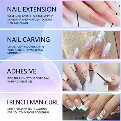 Odorless Acrylic Nail Powder Kit 3 Crystal Colors 10g with Monomer Liquid Nail Brush Forms & Dappen Dish – Complete Beginner Salon Manicure Gift Set for Nail Extensions