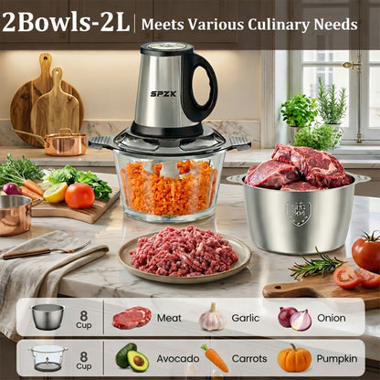 Electric Food Chopper with 2 Bowls & 2 Blades – Multi-Function Food Processor, Meat Grinder & Vegetable Chopper for Meats, Salads, Nuts, Garlic & More