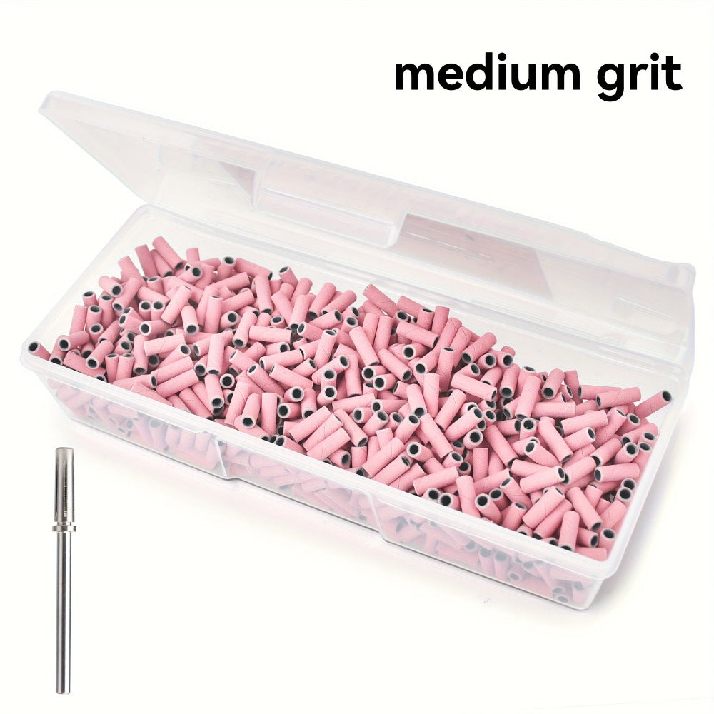 Nail Sanding Bands 1000 Pack with Mandrel Bit – Coarse Medium Fine Grit 3mm Nail Drill Bits for Acrylic Removal, Natural Nail Filing & Smoothing – Professional Manicure Pedicure Salon Nail Care Tools