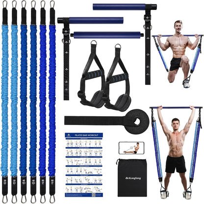 Natural Latex Pilates Bar Kit with Resistance Bands 20-360 lbs – Stainless Steel Handle, Adjustable Length for 5'3"-6'2", Full Body Home Gym Workout for Women & Men