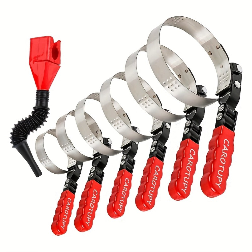Oil Filter Removal Tool Kit 7-Piece Adjustable 3-Jaw Wrench 9" 12" Oil Filter Pliers Anti-Slip PVC Handle Fits 2-3/4" to 5-1/4" Filters with Funnel