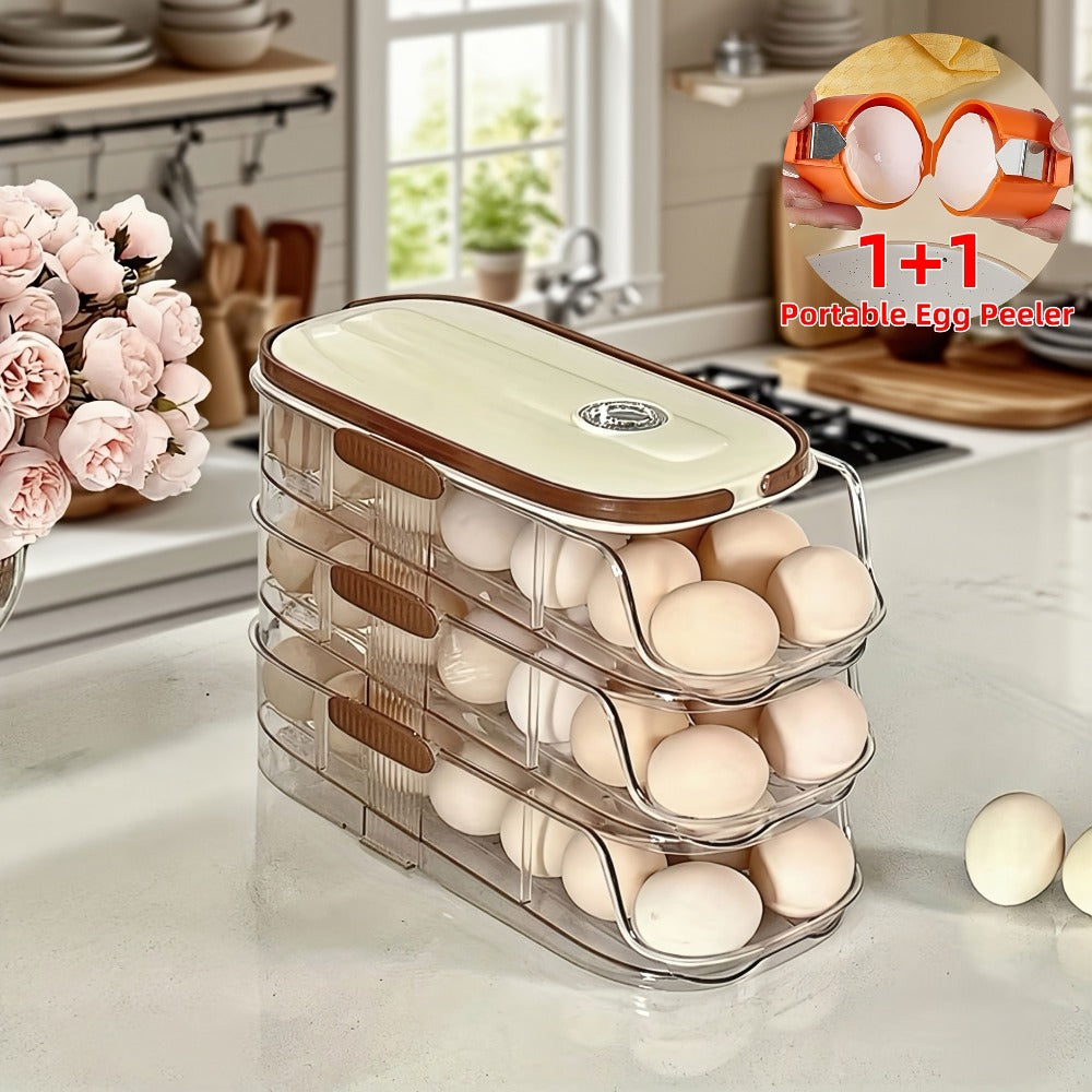 Egg Organizer for Refrigerator, Multi-Layer Auto-Rolling Egg Rack with Large Capacity – Space-Saving Egg Storage Dispenser for Fridge, Cabinet & Countertop, Ideal for Busy Families