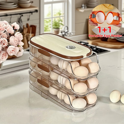 Egg Organizer for Refrigerator, Multi-Layer Auto-Rolling Egg Rack with Large Capacity – Space-Saving Egg Storage Dispenser for Fridge, Cabinet & Countertop, Ideal for Busy Families