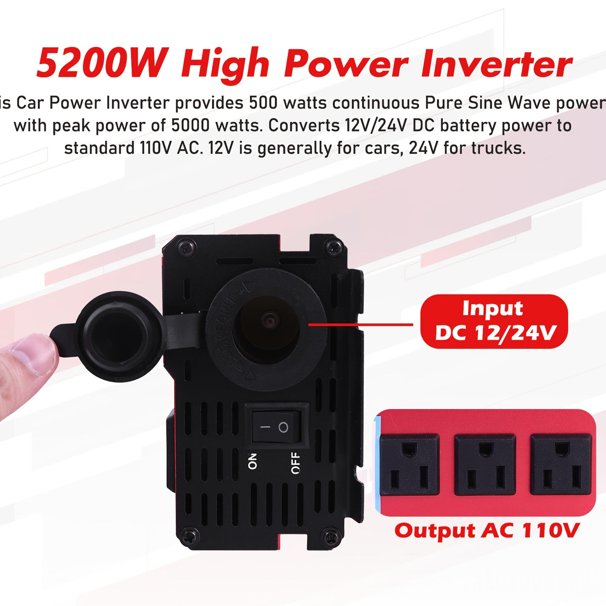 5200W Peak Power Inverter, Car Pure Sine Wave Inverter DC 12V to AC 110V, with LCD Digital Display And 4 USB Ports, 3 US Sockets, Fast Charging for Rvs Boats Car Trucks And Outdoor, Without Battery