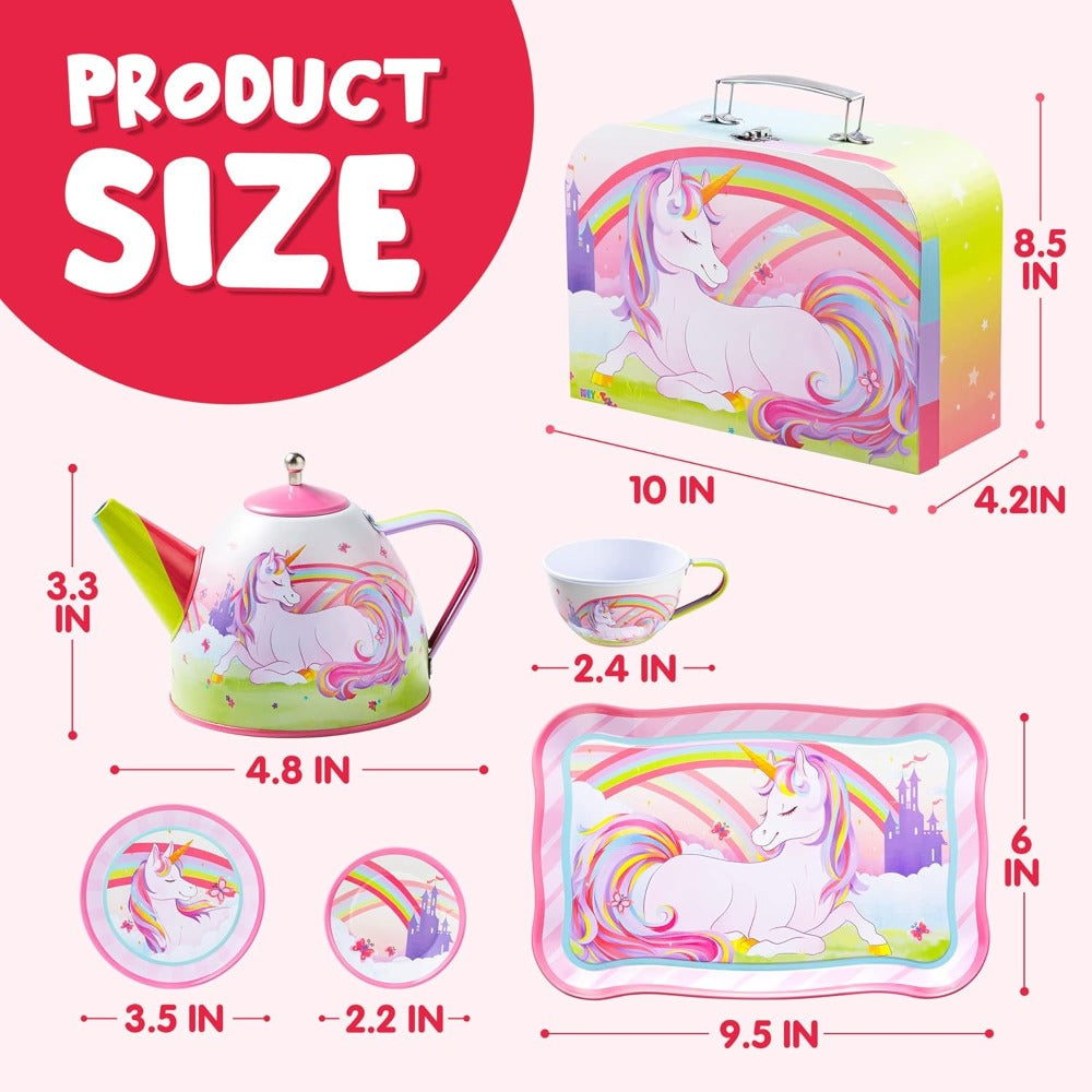 Unicorn Tea Party Set for Girls – Pretend Play Pink Tin Teapot with Cups, Plates & Carrying Case, Magical Rainbow Design, Birthday Christmas Gift for Kids Ages 3+