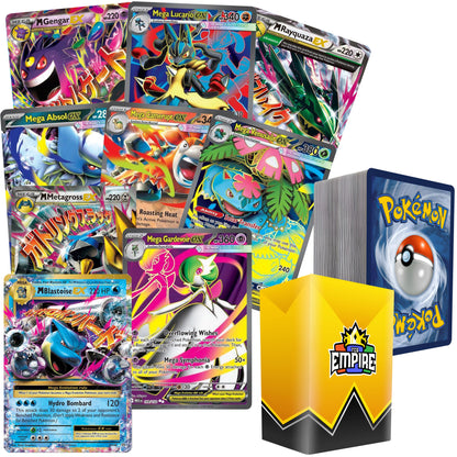 Pokemon Mega EX Bundle 100+ Cards – 1 Guaranteed Mega EX + 10 Holos & Rares | TCG Empire Storage Box | Authentic Pokemon TCG Gift for Kids Teens & Collectors