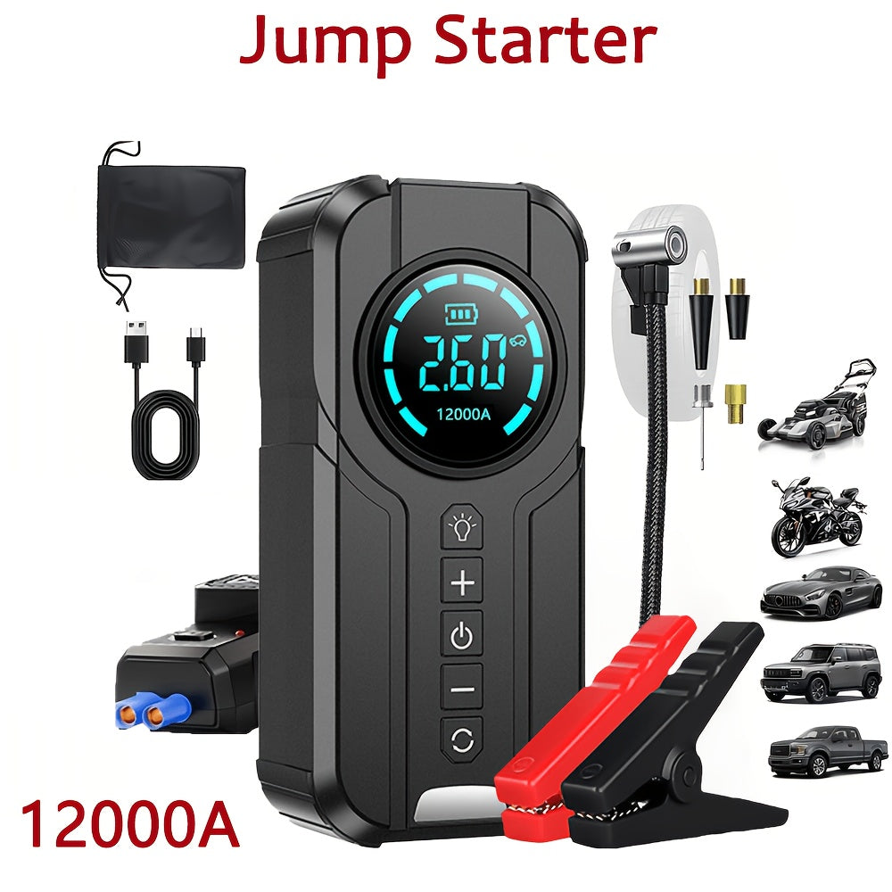 12000A-18000A 7-in-1 Vehicle Emergency Starter Power Bank with Extended Smart Jump Cables, Fast Charging, Large Display, LED Lighting, Compatible with All Gas/Diesel Engines (2.64 Gallons), Quick Vehicle Start, And Air Pump Function