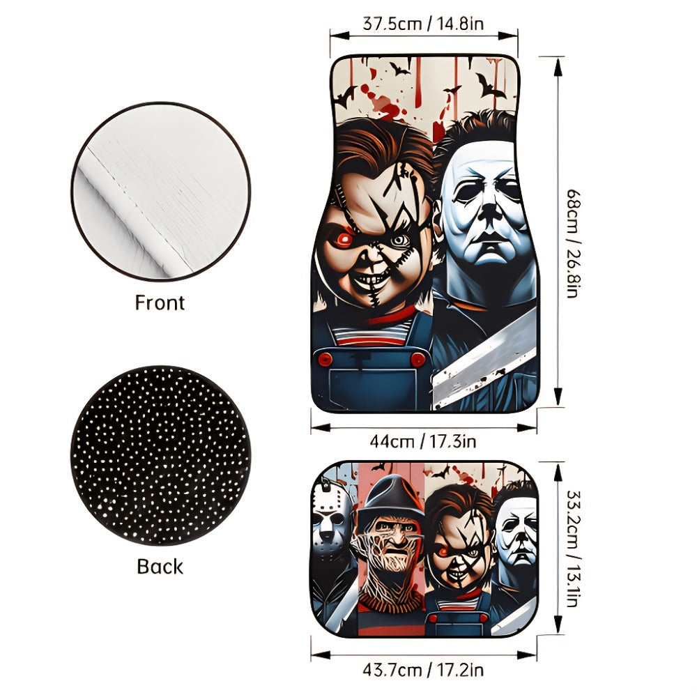 Car Floor Mats Set of 4 Halloween Theme – Universal Front & Rear All-Weather Floor Mats for Cars, SUVs & Trucks, Durable Polyester Interior Protection with Scarlet Killer Breeze Design