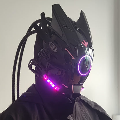 LED Punk Mask with Tubular Braids & Helmet – Futuristic Sci-Fi Mechanical Cosplay Mask for Halloween, Rave Music Festival & Party, Blue Green Pink, Handmade TPU PC Unisex Adult Costume Prop
