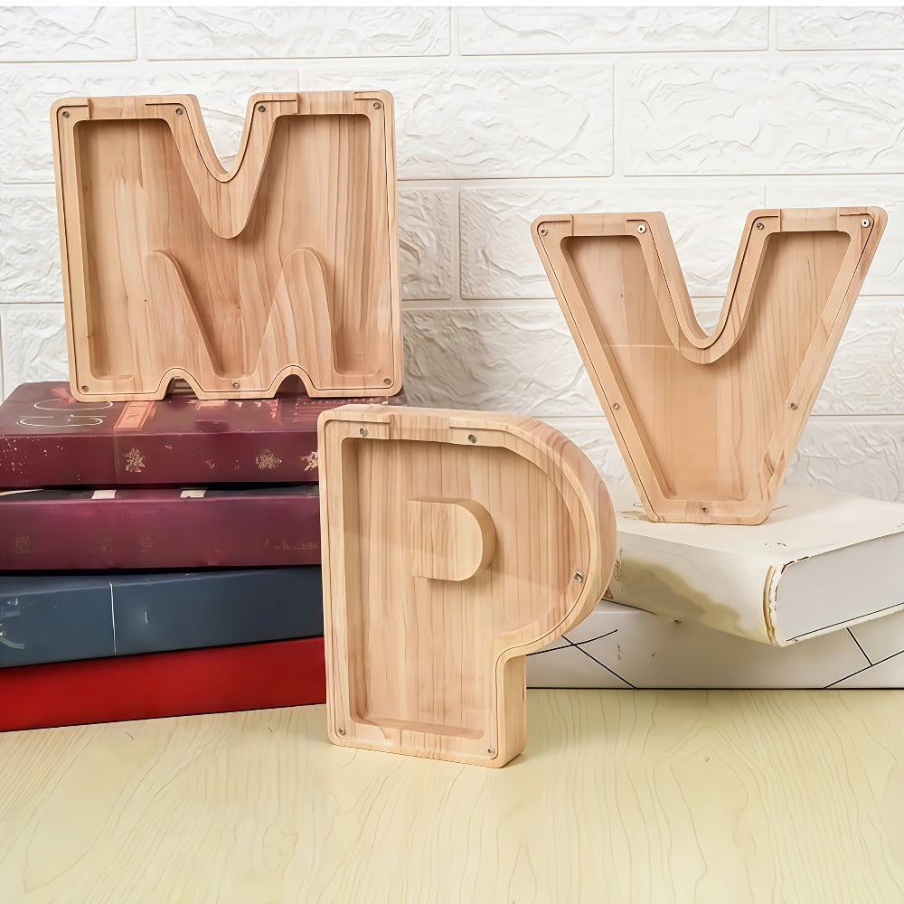 Alphabet Letter Piggy Bank A-Z Wooden Coin Bank Large Capacity Transparent – Personalized Savings Box for Kids | Back to School, Christmas & Birthday Gift