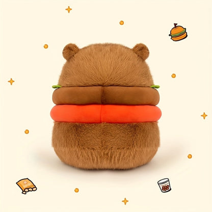 Capybara Plush Stuffed Animal Hamburger Burger Hat Funny Kawaii Soft Plush Toy Couch Pillow Doll Unique Meme Gift for Kids Teens Adults Birthday Christmas Holiday