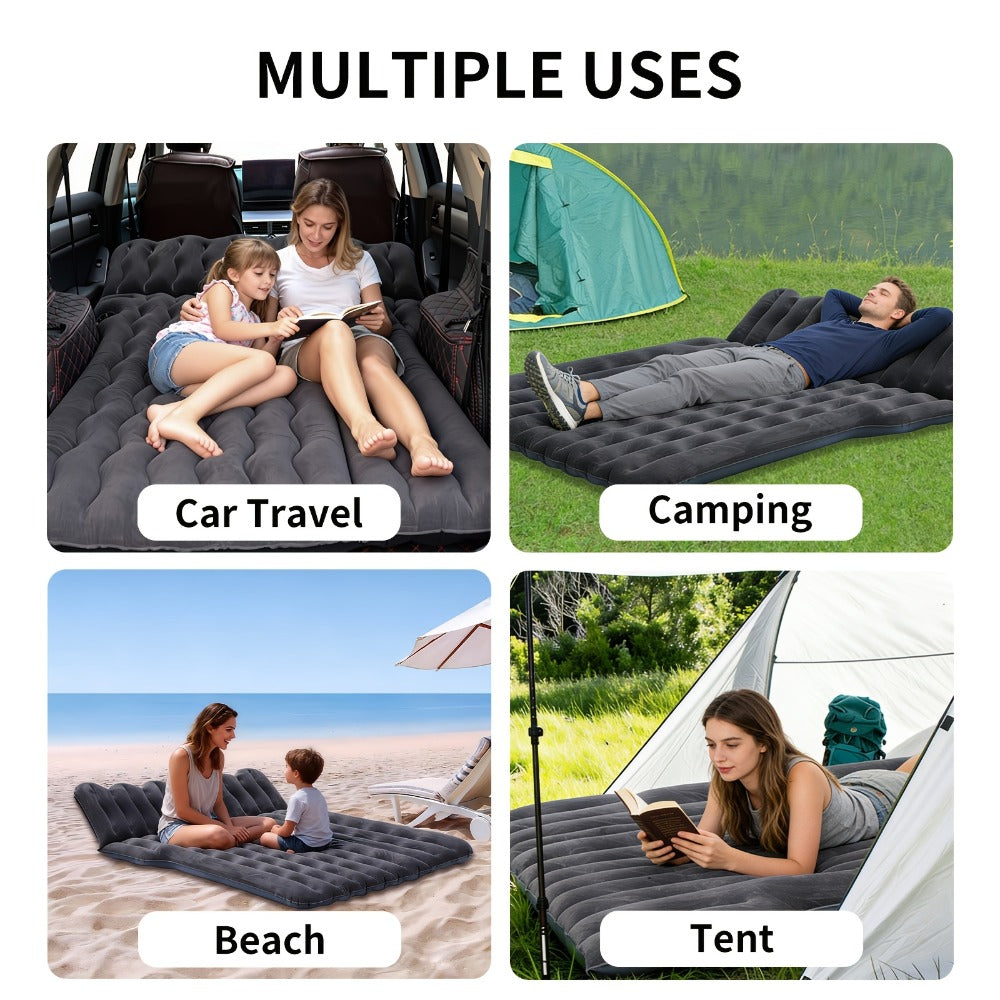 SUV Air Mattress for Camping Inflatable Car Bed with Air Pump 2 Pillows Flocking Surface Portable Sleeping Pad for SUV Backseat Road Trip Family Travel, Black
