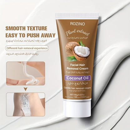 Coconut Hair Removal Cream 100g — Painless Depilatory for Women, Face Legs Armpits Bikini Area, Gentle Sensitive Skin Formula, Semi-Permanent Smooth Results