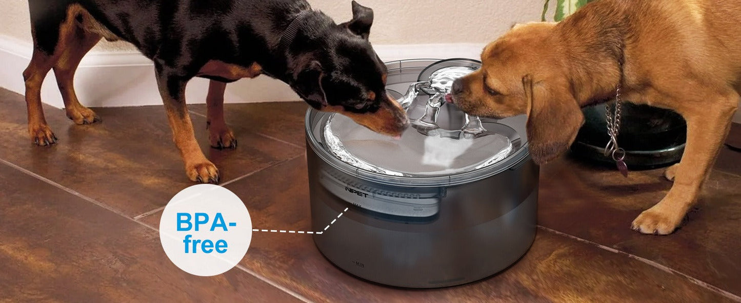 Dog Water Fountain 2 Gallon NPET DF30 - Automatic Pet Water Dispenser Triple Filtration with Splatter Guard & Cleaning Kit for Large Dogs & Multiple Pets 1.3Gal or 2Gal Options