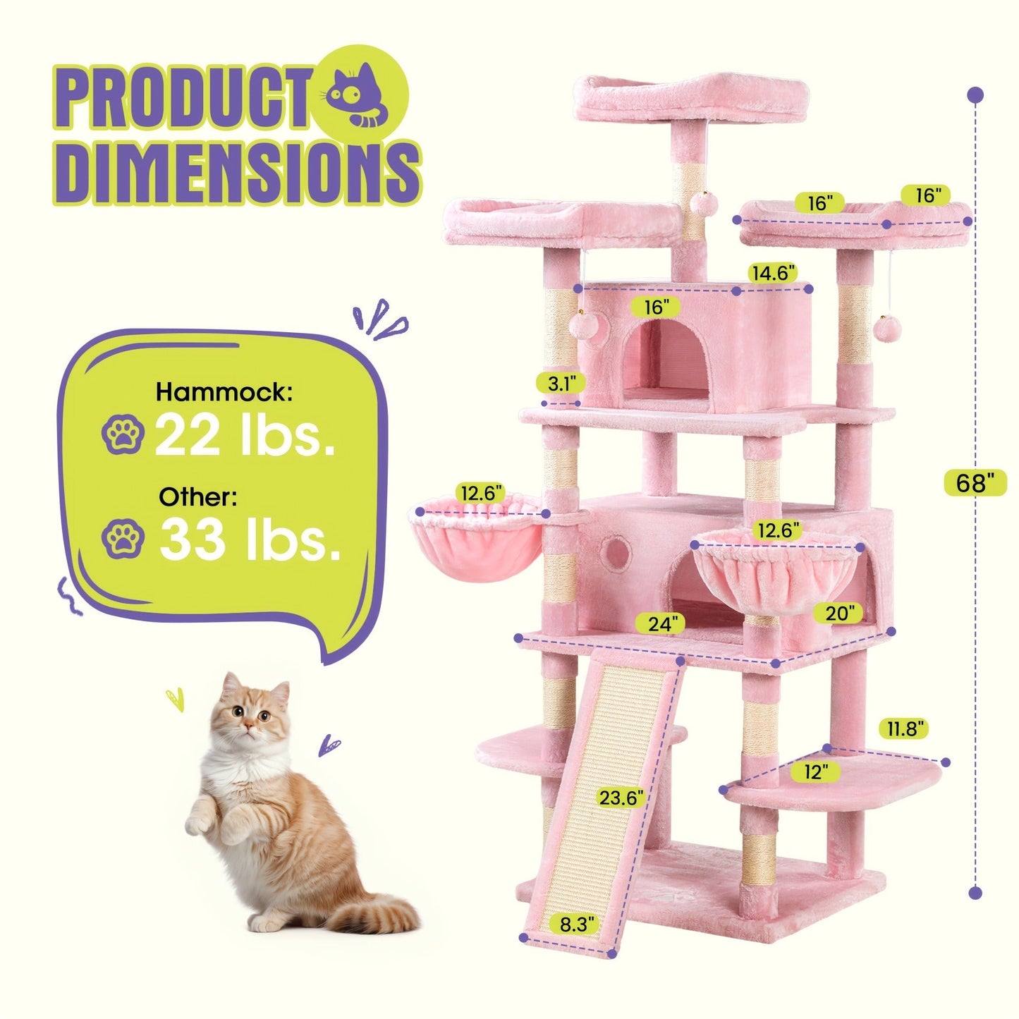 Cat Tree Tower Multi-Level for Indoor Cats - Cat Furniture with Sisal Scratching Posts, Plush Perches, Hammock, Basket & Corner Condo Cave, Hanging Toys & Climbing Ramp, Multiple Sizes & Colors