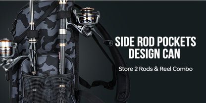 Waterproof Fishing Rod Backpack 42L – Built-In Rod Tube, 16 Pockets & Insulated Cooler Option | Black, Camo, Khaki, Gray