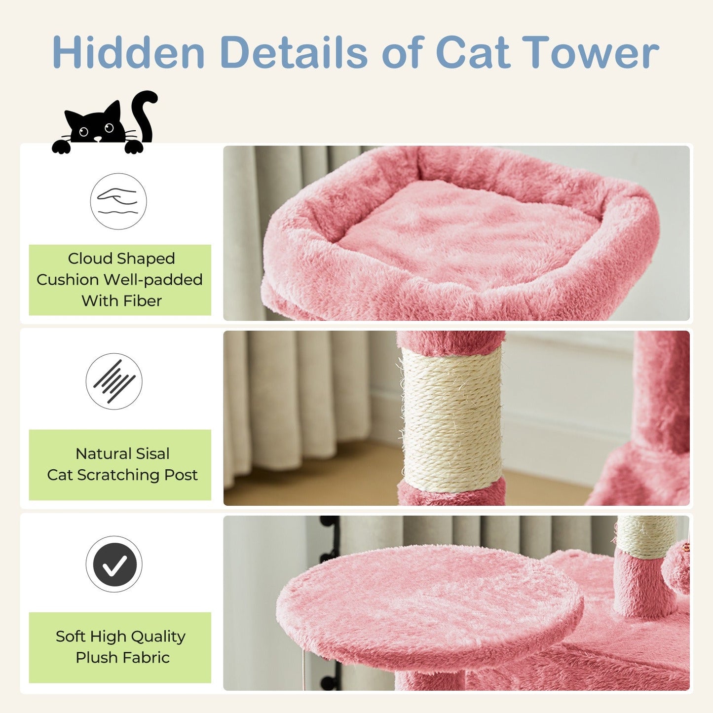 44-Inch Cat Tree Tower with Condo & Hammock - Multi-Level Indoor Cat Tree with Natural Sisal Scratching Posts, Perches & Pet House for Cats & Kittens, Stable Cat Climbing Tower, 5 Colors