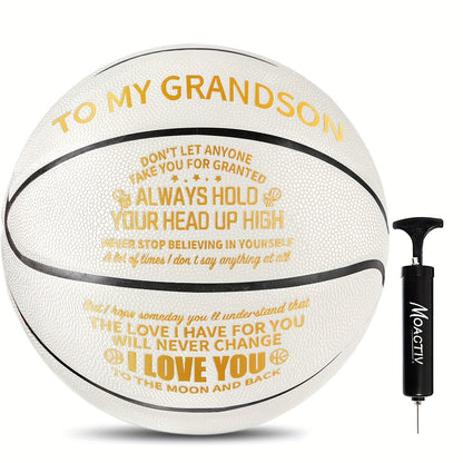 Engraved Basketball Gift for Grandson & Son - Size 7 PU Indoor Outdoor with Pump, Inspirational Message, Birthday Christmas Gift, Multi-Color