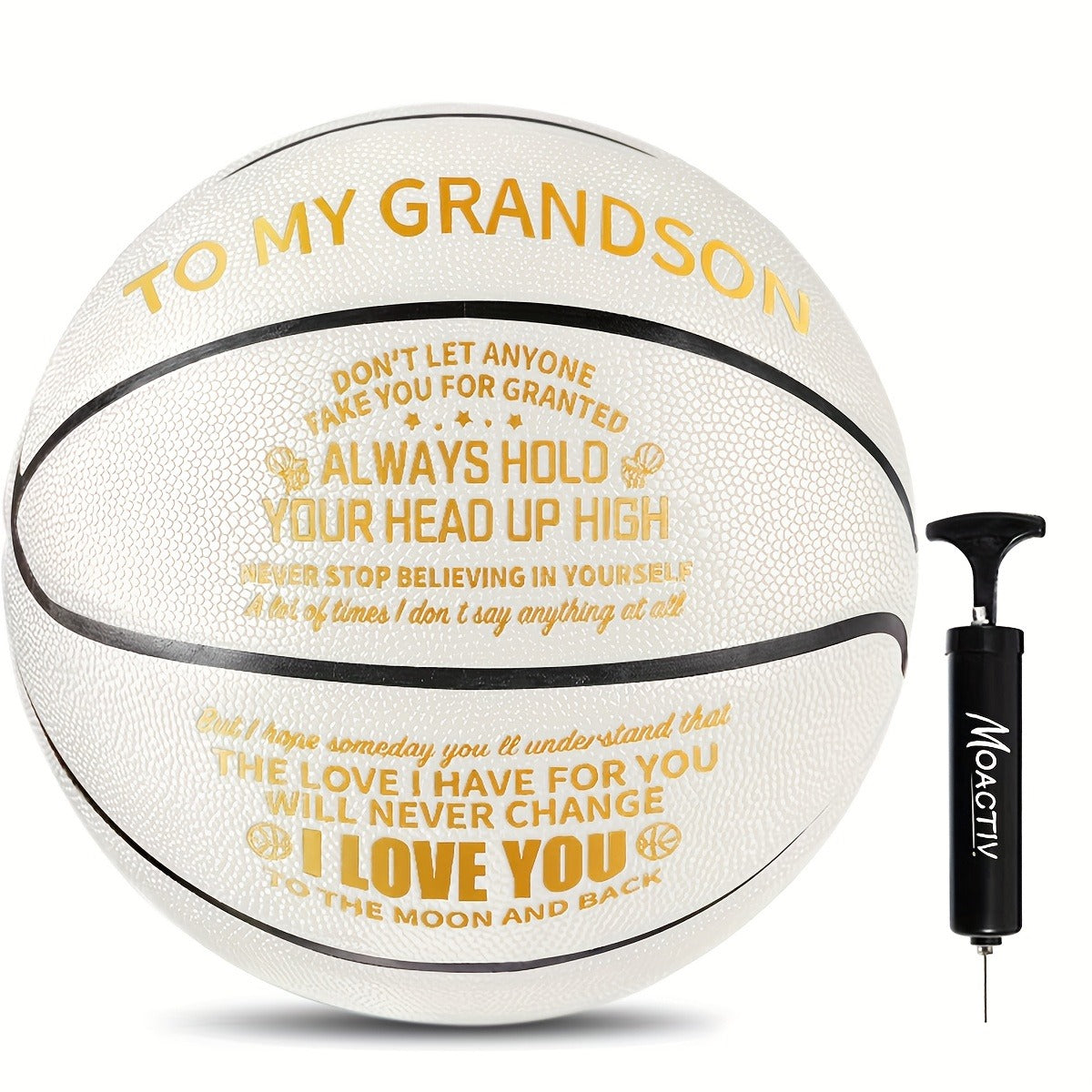 Engraved Basketball Gift for Grandson & Son - Size 7 PU Indoor Outdoor with Pump, Inspirational Message, Birthday Christmas Gift, Multi-Color