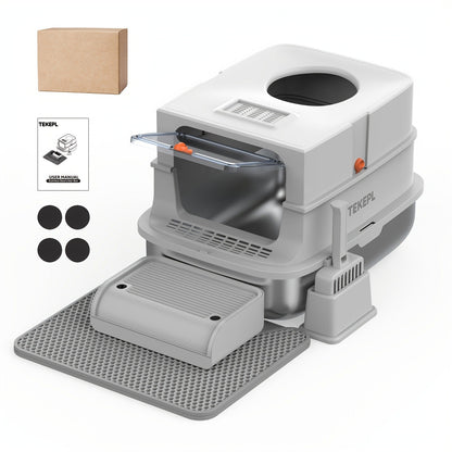 Stainless Steel Cat Litter Box with Lid - Extra Large 68L Enclosed & Semi-Open Modular System, 304 Steel Non-Stick Easy Clean, Charcoal Filter, Litter Mat & Scoop Included, Indoor XL Pet Toilet