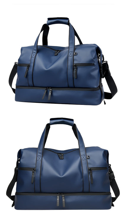 Gym Duffel Bag with Wet Pocket & Shoe Compartment - Foldable PU Leather Sports Travel Bag for Workouts, Weekend Trips & Everyday Use, Lightweight Carry-On Luggage Bag for Men Women (Black/Blue/Grey)