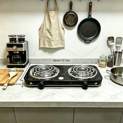 Portable Electric Stove Tabletop Double Burner – Adjustable Rotary Temperature Control, Compact Electric Charcoal Heater for Home, Office, Dorm, Camping, Milk & Coffee Heating, Black