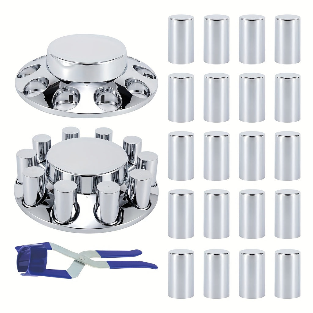ABS Chrome Plastic Front And Rear Axle Cover Kits with 33mm Thread-on Flange Nut Covers for Semi Trucks In Pairs (Flat Top Front 2 Set & Whole 2+4 Set)