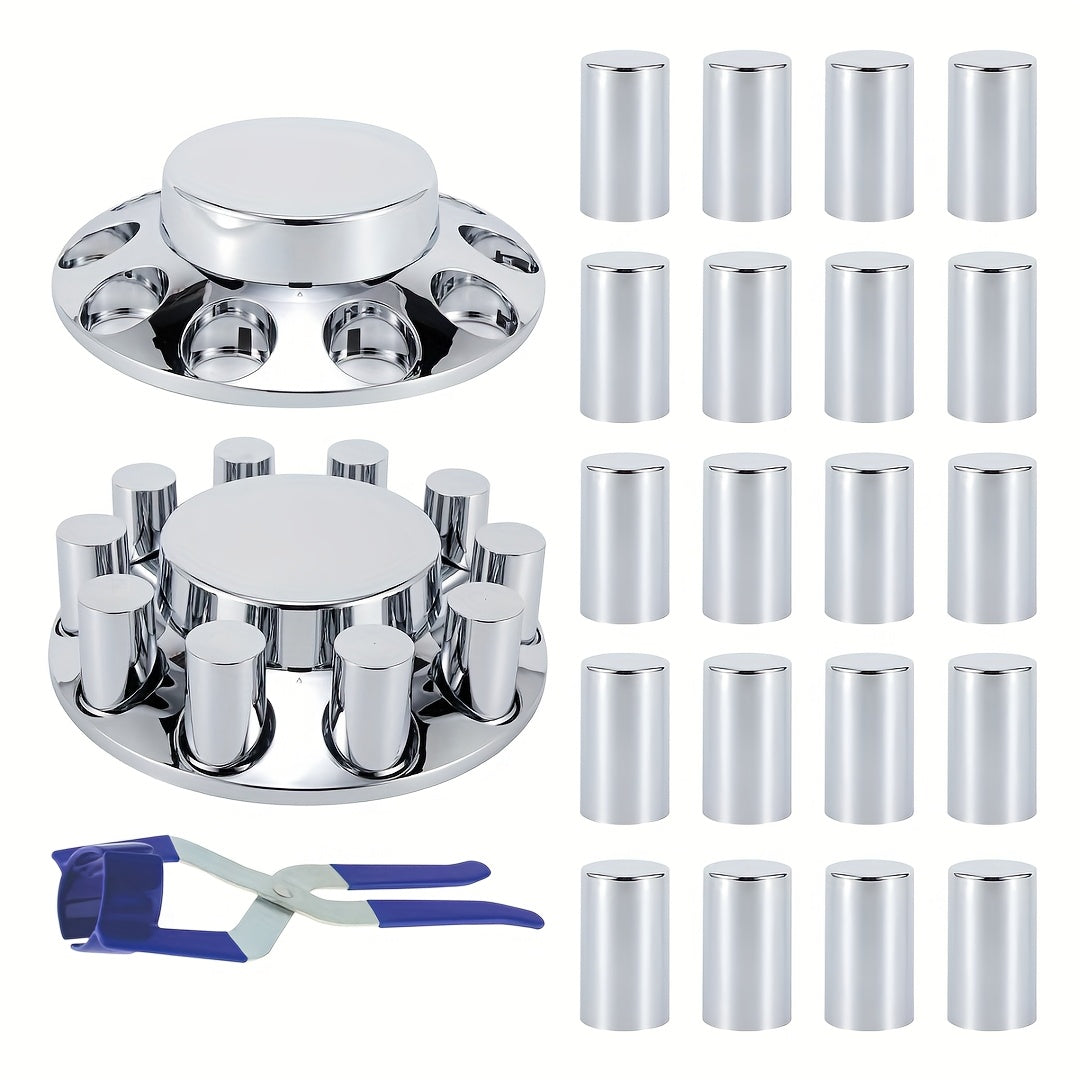ABS Chrome Plastic Front And Rear Axle Cover Kits with 33mm Thread-on Flange Nut Covers for Semi Trucks In Pairs (Flat Top Front 2 Set & Whole 2+4 Set)