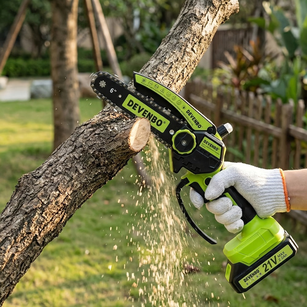 Cordless Mini Chainsaw 6 Inch – Handheld Lightweight Portable Electric Chainsaw with Safety Equipment, for Yard Gardening, Tree Pruning, Home Woodworking & Outdoor Survival, Thoughtful Gift for Men (1 or 2 Batteries)
