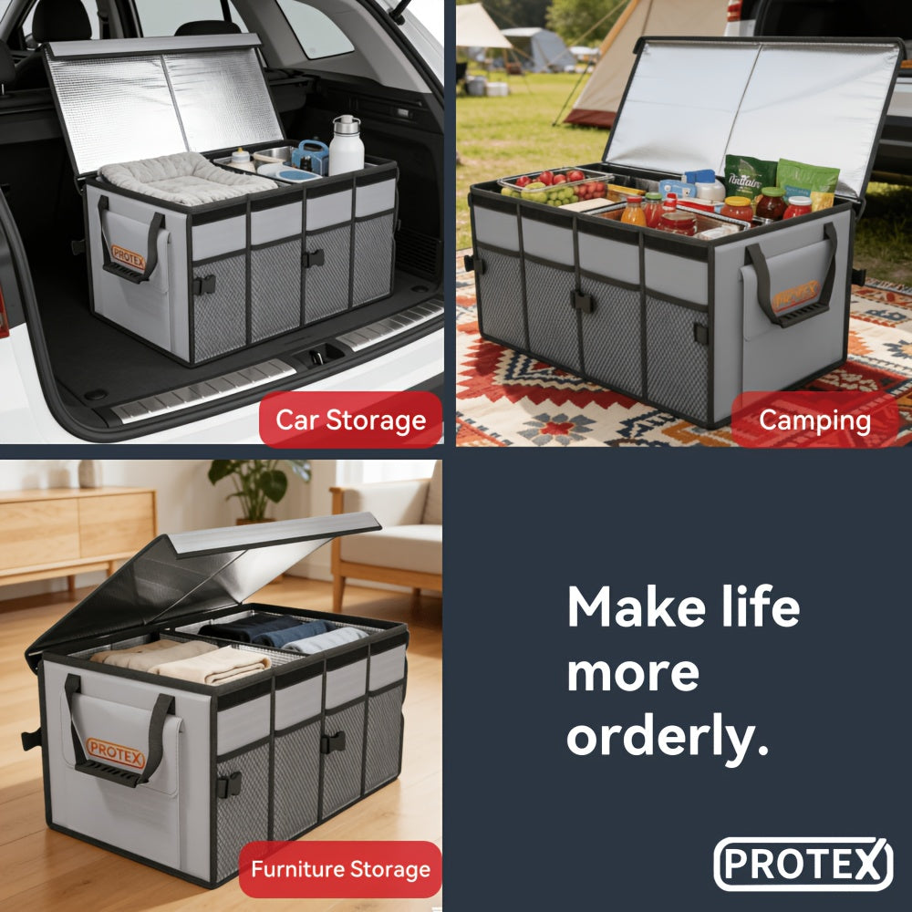 PROTEX Multifunctional Car Trunk Ice Pack (70 Liters) - Foldable with Lid, Cold And Heat Insulation, Large Capacity Organizer - Black Gray