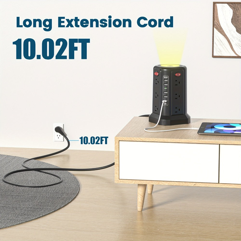 Surge Protector Power Strip Tower with 12 AC Outlets 5 USB Ports 8.8FT Extension Cord Night Light 4 Individual Switches Overload Protection for Home Office Desk Dorm Room