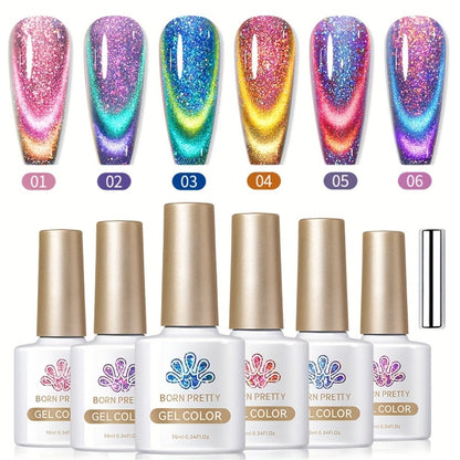 Cat Eye Gel Polish Set 6pcs BORN PRETTY Double Light Reflective Magnetic - Sparkling Rainbow Glass Cat Eye Effect Soak Off UV LED Gel 10ml Each Long Lasting Salon & Home DIY Manicure Kit for Women