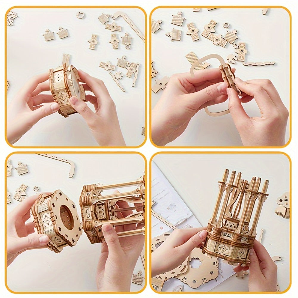 LED Wooden Lantern Model Kit – Rotating Mechanical 3D Wooden Puzzle for Adults & Teens, Glowing Vintage Desk Decor Display, Unique Christmas Birthday Gift for Puzzle Lovers & Craft Enthusiasts