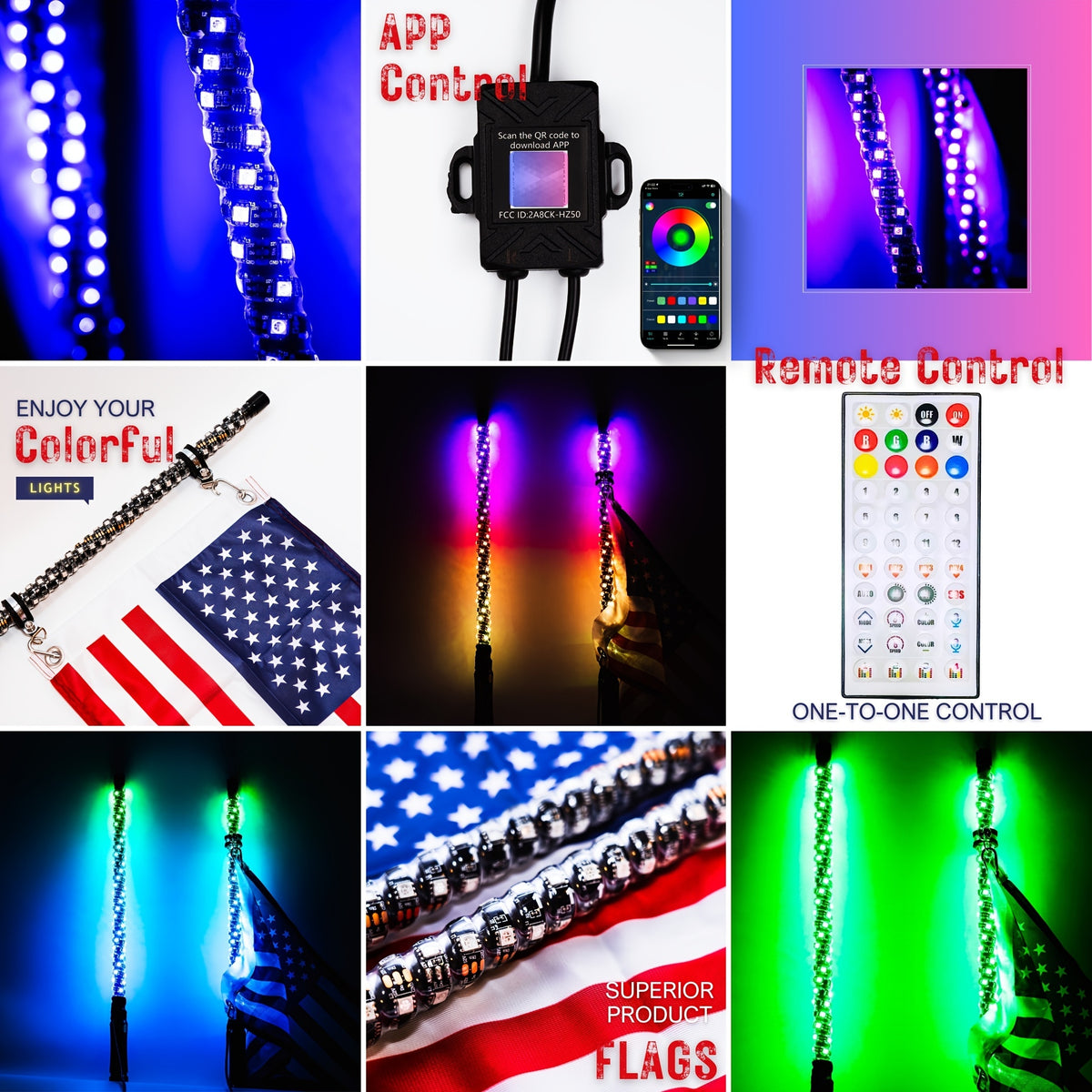 1 Pair (2pcs) 1ft/2ft/3ft/4ft Brighter RGB LED Whip Lights Flag Pole Remote And APP Control Color Changing Lamp Spiral RGB Music Chasing/Dancing Neon Light Whips for UTV ATV RZR SXS Side By Side Dune Buggy Offroad Truck (w/o Spring Base)