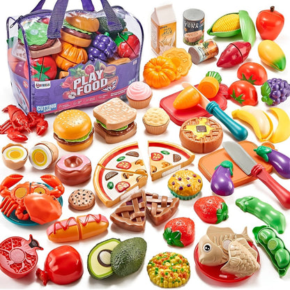 78 Pcs Kids Kitchen Toy Set with Storage Bag - Pretend Play Dinnerware, Fake Fruits & Vegetables, Plastic Accessories, Educational Role Play Gift for Boys Girls Ages 3+