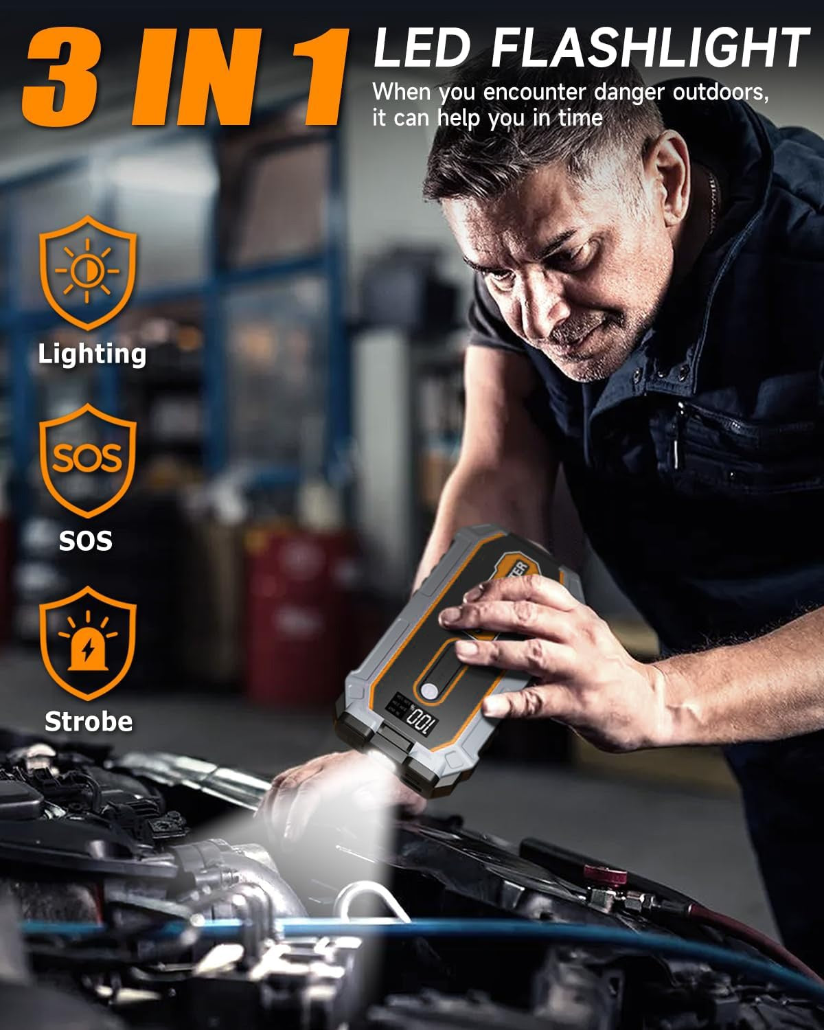 Powerful Car Battery Jump Starter with a Peak of 6500A, Suitable for 2.64gal Gasoline And 2.11gal Diesel Engines, Equipped with Safety Features Such As a Flashlight And Emergency Hammer
