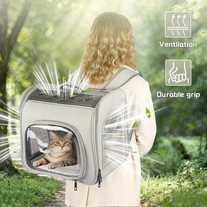 Pet Backpack for Cats and Dogs - Foldable Breathable Mesh Window Carrier Bag with Front Opening, Lightweight Travel Backpack for Hiking Walking Outdoor Adventures, Available in Pink Gray Blue Purple