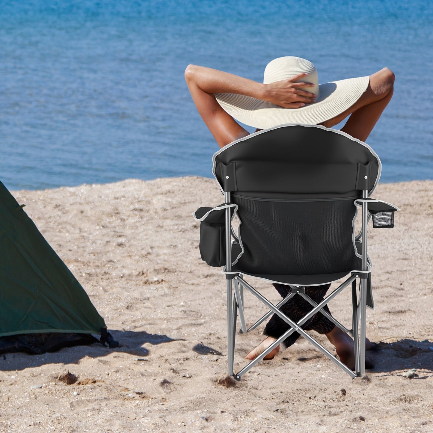 Heavy Duty Folding Camping Chair 600 Lbs Capacity – Padded Seat, Insulated Cooler Bag, Organizer Pockets & 2 Cup Holders for Camping, Beach, Fishing & Outdoor Events