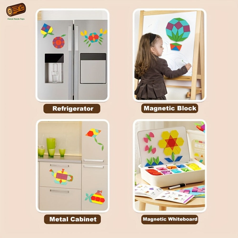 Magnetic Wooden Puzzle Board for Kids – 128/180/220/280 PCS Geometric Shape Recognition & Logical Thinking Toy, STEM Montessori Educational Gift for Boys & Girls Ages 3 4 5 6 7 8