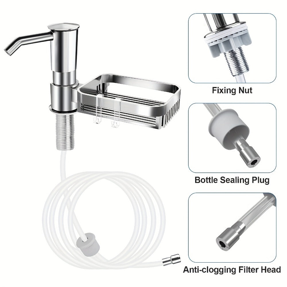 Kitchen Soap Dispenser Set with Sponge Holder & 39" Extension Tube, 360° Rotating Pump, No-Drill DIY Install for Kitchen Sink Bathroom Counter & Laundry Room, Fits 24-40mm Countertop Holes