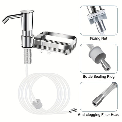 Kitchen Soap Dispenser Set with Sponge Holder & 39" Extension Tube, 360° Rotating Pump, No-Drill DIY Install for Kitchen Sink Bathroom Counter & Laundry Room, Fits 24-40mm Countertop Holes