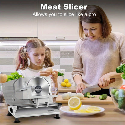 Electric Meat Slicer for Home Use – Deli Food Slicer with 2 Removable Stainless Steel Blades, Adjustable Thickness, Food Carriage for Meat, Cheese & Bread