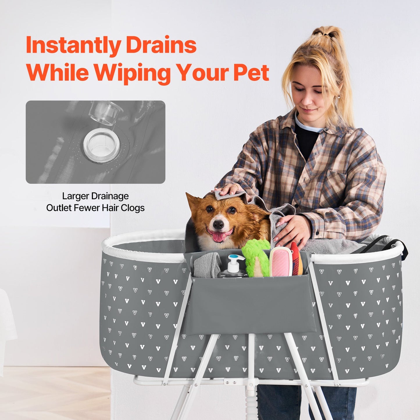 Elevated Foldable Pet Bathtub – Stand-Up Dog Grooming Tub with Carbon Steel Legs, 220 lbs Capacity & Expandable Drain Hose | 33"x18" PVC Tub for Pets 10–65 lbs | Space-Saving Collapsible Design | Gray