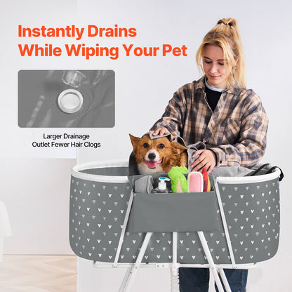 Elevated Foldable Pet Bathtub – Stand-Up Dog Grooming Tub with Carbon Steel Legs, 220 lbs Capacity & Expandable Drain Hose | 33"x18" PVC Tub for Pets 10–65 lbs | Space-Saving Collapsible Design | Gray