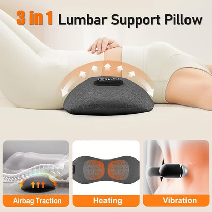 Lower Back Massager with Heat – 3-in-1 Lumbar Support Pillow with Vibration & Traction for Back Pain Relief | USB Powered, Ideal for Car, Office Chair, Bed & Home Use